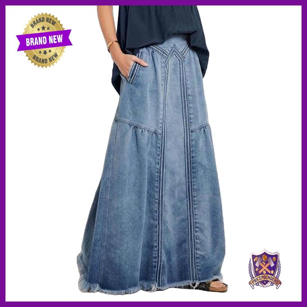 Elastic Waist Frayed Hem Maxi Denim Skirt A-Line Distressed